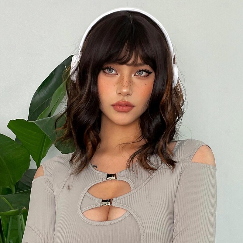 Synthetic Wig Uniforms Career Costumes Princess Curly Wavy Middle Part Layered Haircut Machine Made Wig 14 inch Black / Brown Synthetic Hair Women's Cosplay Party Fashion Natural Black4