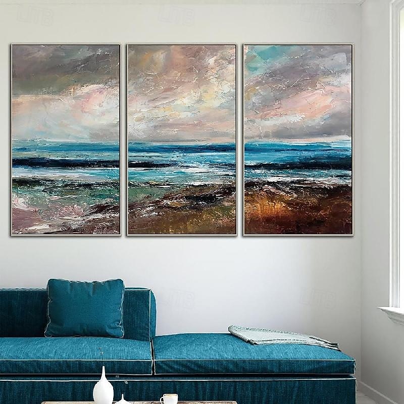 Hand painted Abstract Seascape Paintings On Canvas handmade texture Ocean sea Oil Painting Handmade Blue Art Triptych Paintings for Living Room Wall Decor4