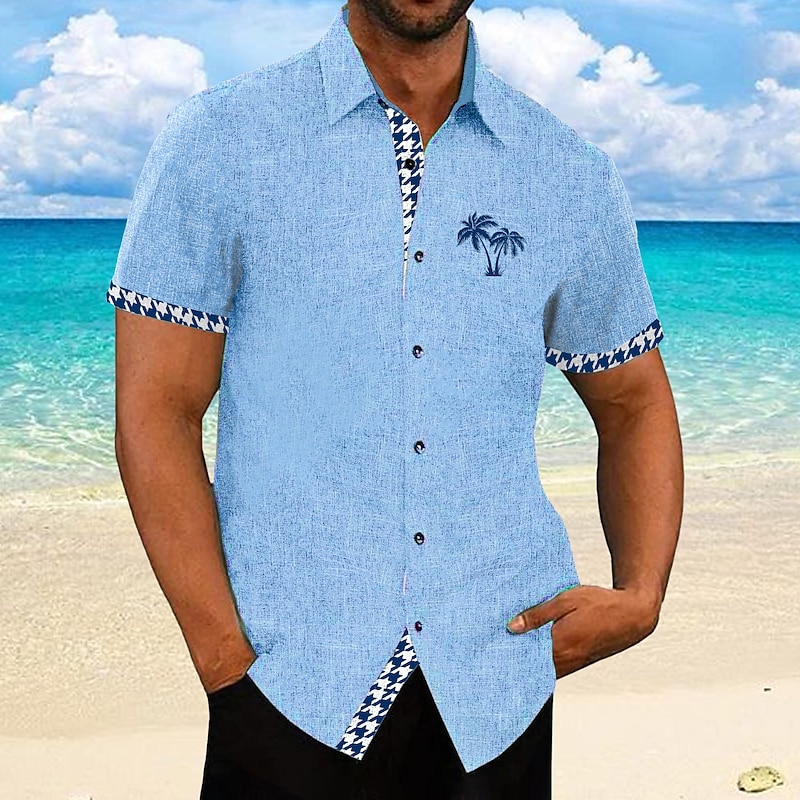 Men's Shirt Linen Shirt Beach Shirt Summer Hawaiian Shirt Coconut Tree Vacation Curise Blue Short Sleeves Turndown Summer Clothing Apparel