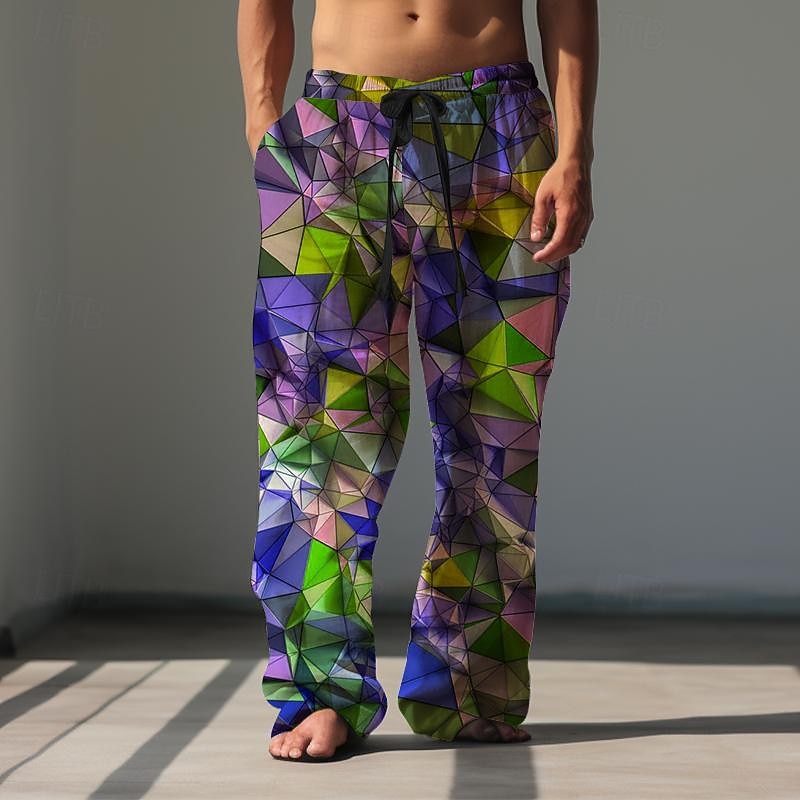 Men's Graphic Casual Pants Mid Waist Hawaiian Holiday Straight Leg Summer Spring 3D Print Blue Purple Green