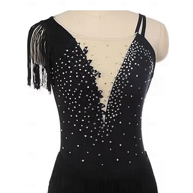 Figure Skating Dress Women's Girls' Ice Skating Dress Black Patchwork Tassel Mesh Spandex Stretchy Training Practice Professional Skating Wear Thermal Warm Crystal / Rhinestone Sleeveless Ice Skating4