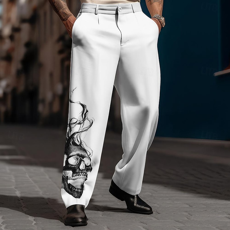 Men's Dress Pants Straight Leg 3D Print Skull Full Length Business Casual White Inelastic