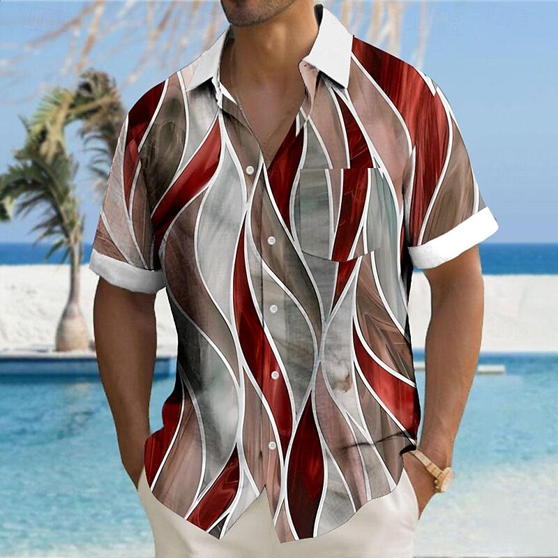 Men's Geometric Textured Button Up Shirt Printed Shirts Short Sleeve Hawaiian Resort Outdoor Vacation Summer Turndown Print Button-Down Red Blue Mint Green Green3