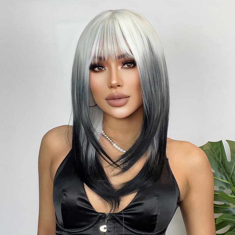 Synthetic Wig Uniforms Career Costumes Princess Straight kinky Straight Middle Part Layered Haircut Machine Made Wig 24 inch Black-white Synthetic Hair Women's Cosplay Party Fashion White2