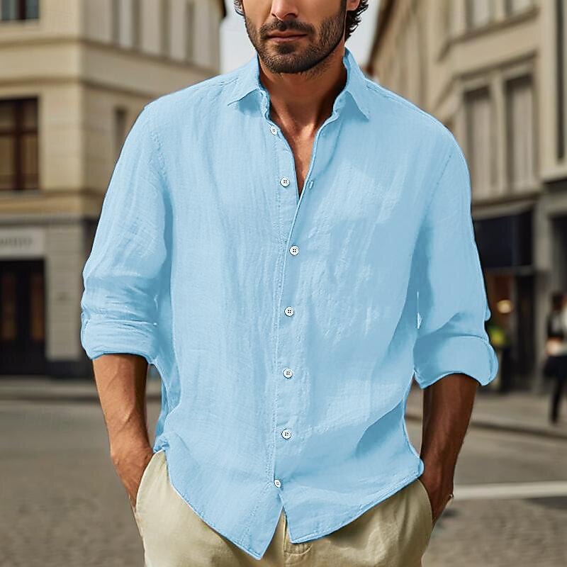 Men's Cotton Linen Shirt Plain Vacation Black White Pink Sky Blue Long Sleeve Turndown Clothing Apparel4