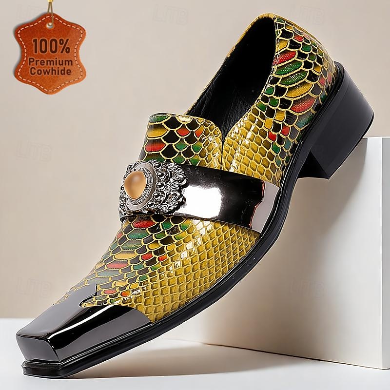 Men's Premium Cowhide Leather Punk Style Loafers - Snake Pattern Slip-On Dress Shoes with Decorative Buckle and Metal Toe Cap