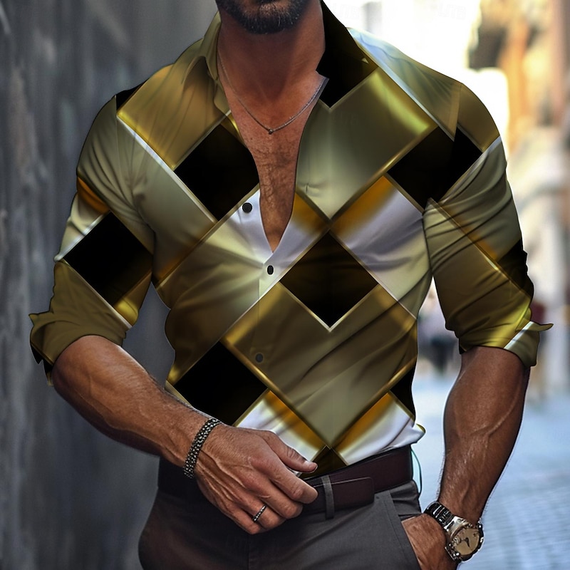 Men's Graphic Geometric Pattern Line Button Up Shirt Printed Shirts Long Sleeve Business Casual Formal Daily Fall Winter Spring & Summer Turndown Collared Shirts Buttons Print Wine Blue Gold4