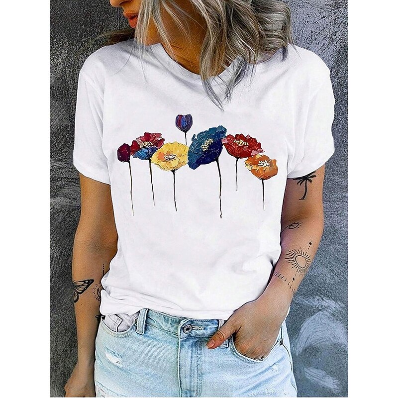 Women's T Shirt Floral Poppy Casual Short Sleeve Crew Neck Regular Tops Daily Print White Summer