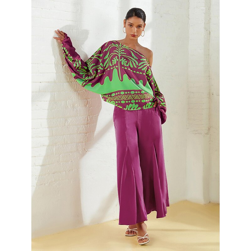 Satin Geometrical Floral Puff Sleeve Shirt2