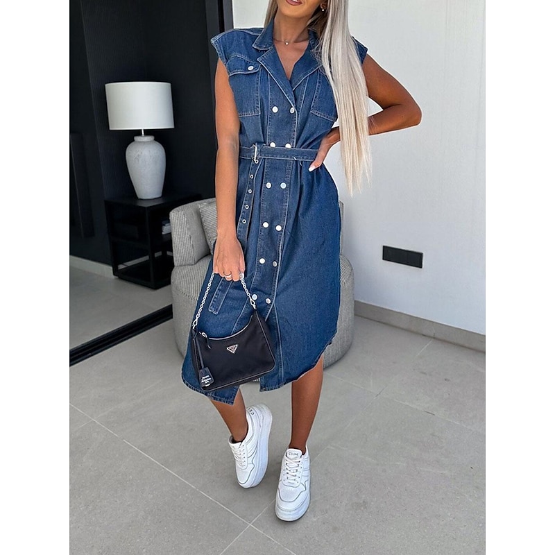 Women's Denim Dress Shirt Dress Midi Dress Date Vacation Denim Basic Modern Shirt Collar Pocket Belted Short Sleeve Summer Spring Regular Fit Plain3