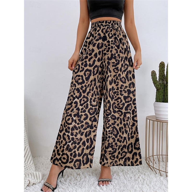 Women's Wide Leg Pants Trousers Streetwear Casual Long High Waist Floral Leopard Pocket Printing Elastic Drawstring Design Breathability Soft Micro-elastic Vacation Street Daily Wear Leopard Blue