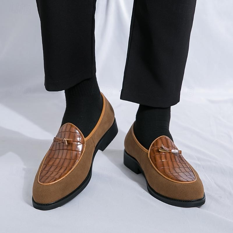 Men's Brown Faux Suede Loafers with Crocodile Pattern and Bow Detail – Stylish Slip-On Shoes for Formal and Casual Occasions4