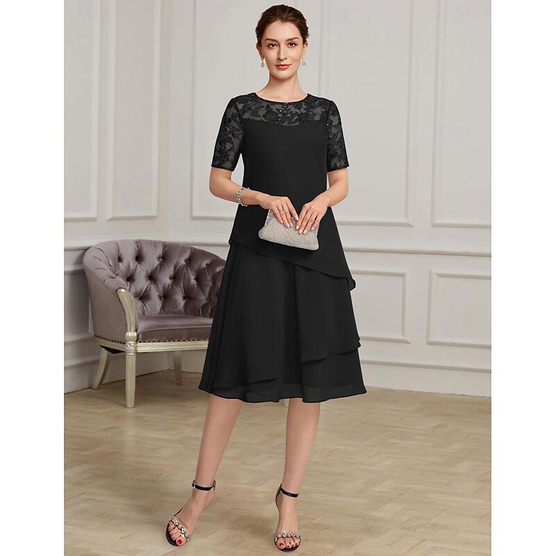 A-Line Mother of the Bride Dress Formal Elegant Jewel Neck Tea Length Chiffon Short Sleeve with Lace4