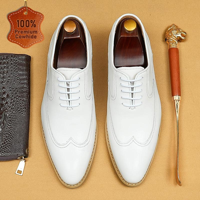 Men's Premium Cowhide Leather White Brogue Oxford Shoes - Elegant Lace-Up Dress Shoes for Formal Occasions