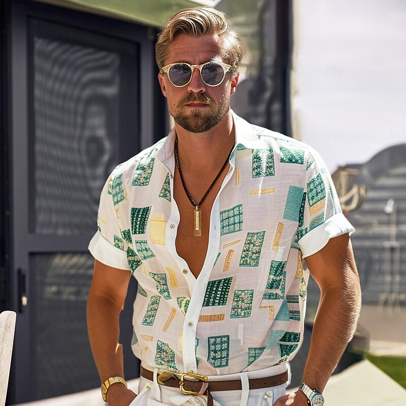 Men's Geometric Linen Shirt Casual Shirt Button Up Shirt Short Sleeve Fashion Daily Sports & Outdoors Outdoor Sport Causal Lapel Buttons White