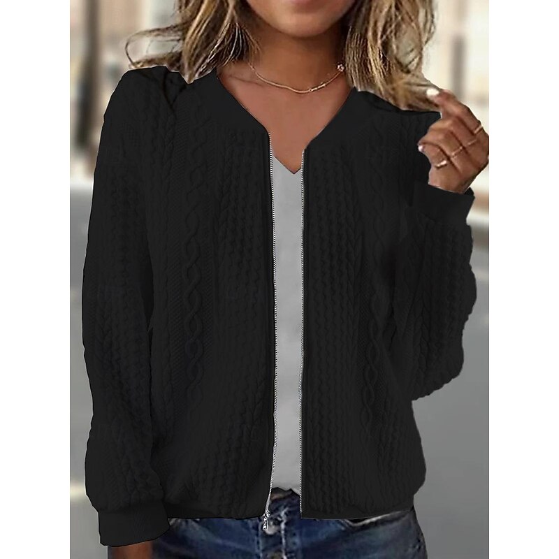 Women's Casual Jacket Textured Jackets Vacation Daily Wear Spring Fall Regular Coat Regular Fit Thermal Warm Breathable Stylish Contemporary Modern Style Jacket Long Sleeve Solid Color Full Zip Black