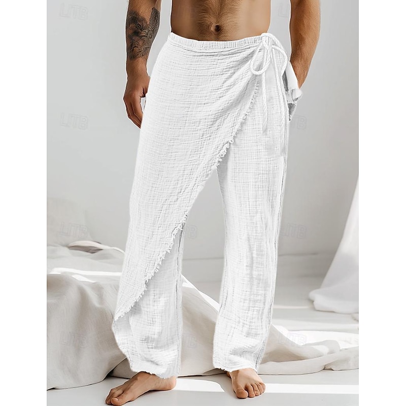 Men's Linen Pants Trousers Summer Pants Drawstring Elastic Waist Straight Leg Plain Comfort Breathable Full Length Casual Daily Holiday Fashion Classic Style White Brown2
