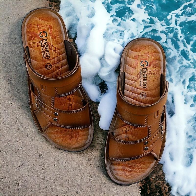 Men's Brown Slide Sandals with Double Straps and Cushioned Sole - Comfortable Casual Summer Footwear for Outdoor and Daily Use2