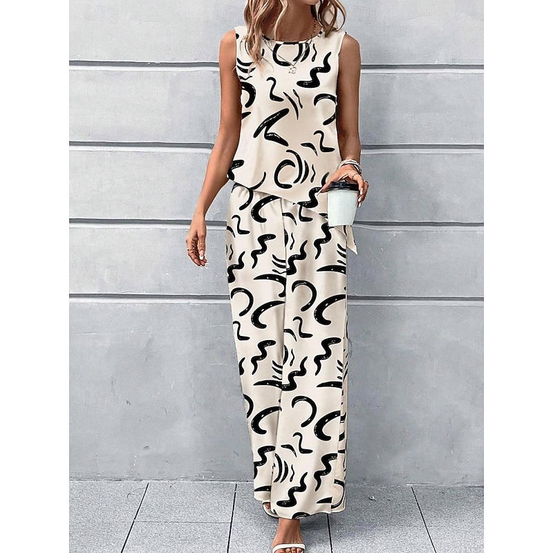 Women's 2 Pieces Fashion Tank Top Pants Sets Wide Leg Pants Trousers Sleeveless Round Neck Graphic Print Casual Daily Beige Summer Regular Fit2
