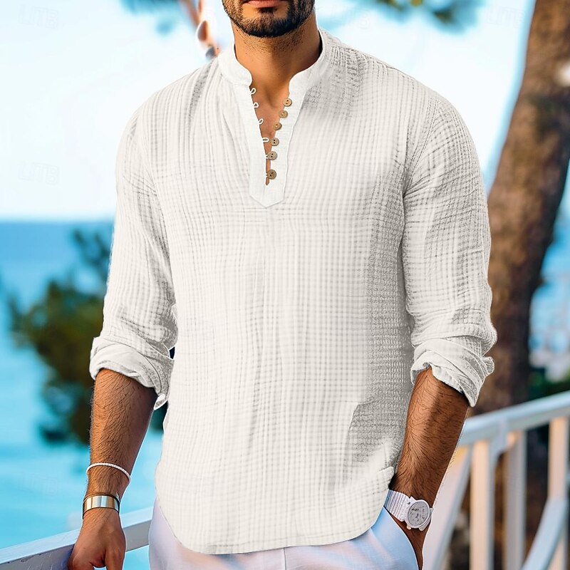 Men's Shirt Summer Shirt Beach Wear Casual Shirt Band Collar Shirt Button Up Shirt Black White Light Blue Long Sleeve Plain Band Collar Vacation Daily Splice Clothing Apparel Cotton Cotton Blend4