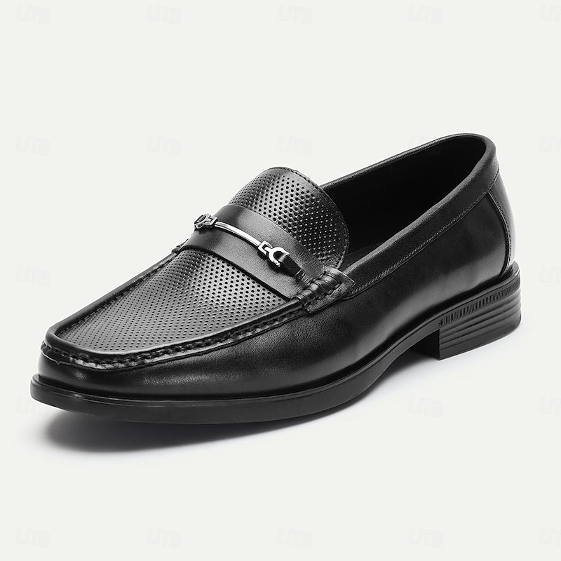 Men's Black Perforated Leather Dress Loafers with Braided Detail - Elegant Office Footwear3