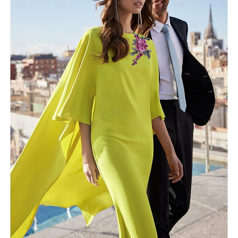 Sheath Cocktail Dresses Elegant Dress Formal Wedding Guest Tea Length Short Sleeve Jewel Neck Capes Stretch Crepe with Appliques Dresses4