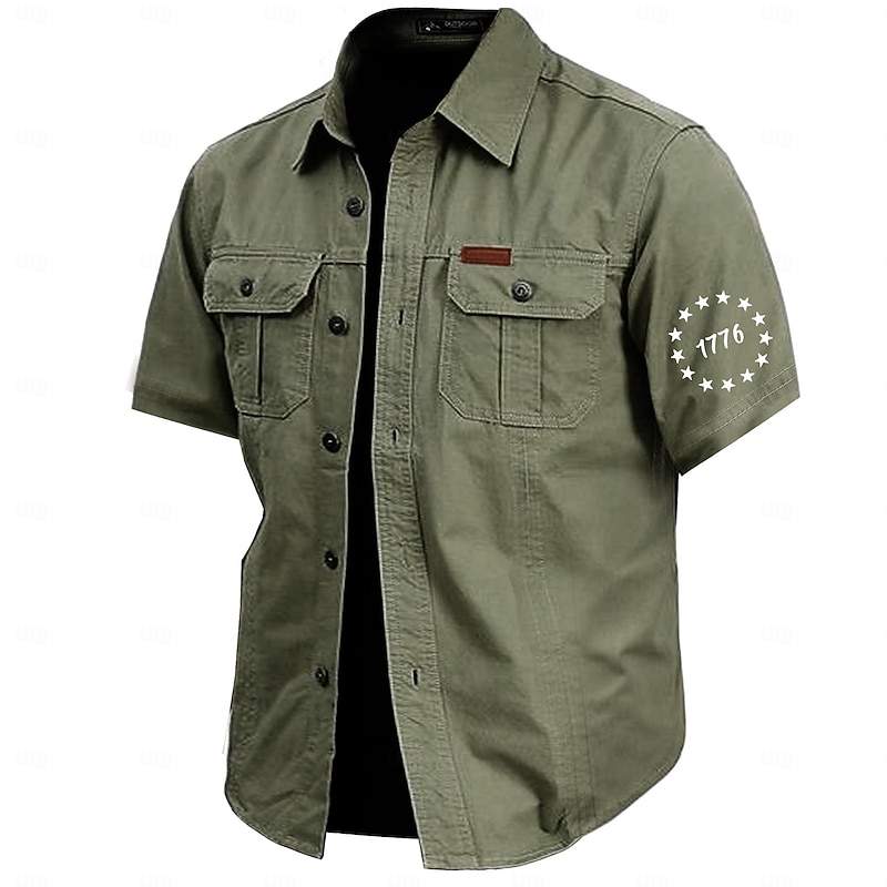 Men's Letter Printed Army Work Shirt Western Shirt Cargo Shirt Short Sleeve Casual Tactical Sports & Outdoor Going out Summer Spring Turndown Print Army Green Khaki Dark Blue Beige