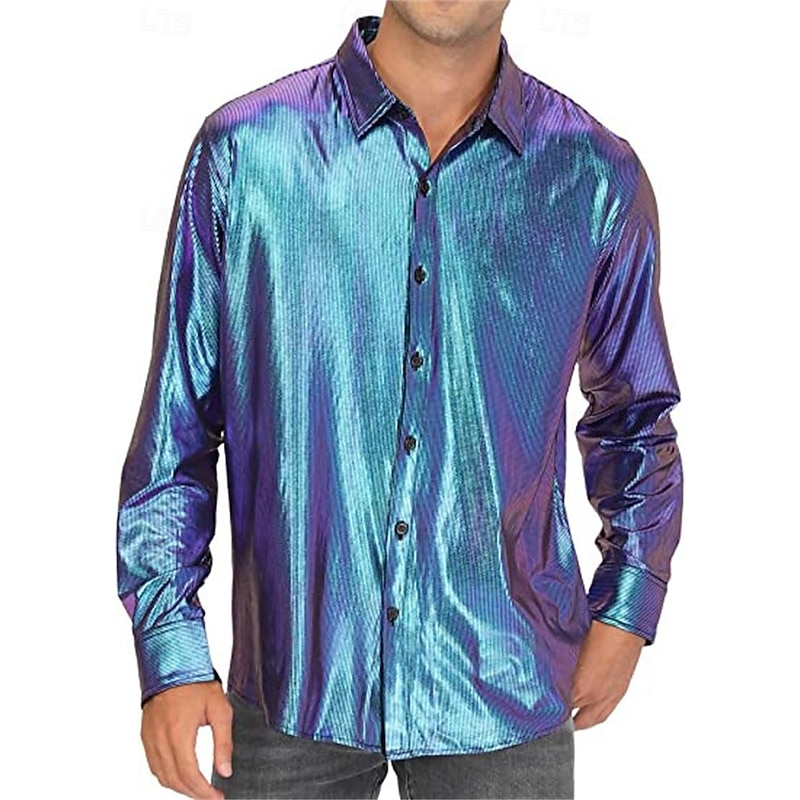 Metallic 1980s Shiny Latex Patent Shirt Disco Fancy Dress Men's Carnival Costume Halloween Carnival Dailywear Pride Parade Pride Month Adults Shirt2