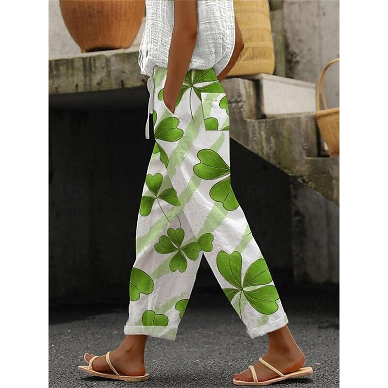 Women's Pants Trousers Straight Streetwear Casual Long High Waist Heart Floral Leaf Pocket Printing Elastic Drawstring Design Breathability Soft Micro-elastic Vacation Street Daily Wear White Red2