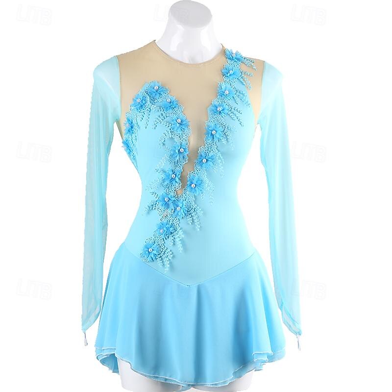 Figure Skating Dress Women's Girls' Ice Skating Dress Lake Blue Patchwork Open Back Mesh Spandex High Elasticity Training Practice Professional Skating Wear Classic Long Sleeve Ice Skating Figure3