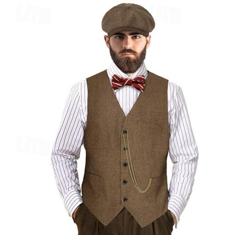 Retro Vintage Roaring 20s 1920s Outfits Waistcoat Gentleman Gangster Fancy Dress Men's Halloween Carnival New Year Carnival Party / Evening Masquerade Adults' Cravat Vest Hat All Seasons3