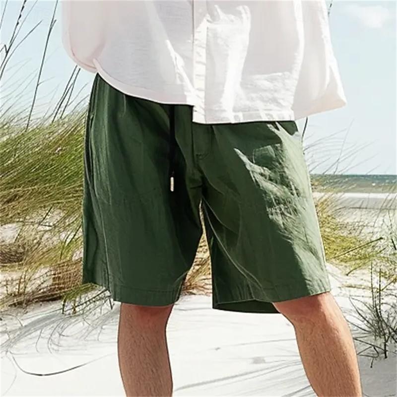 Men's Linen Shorts Summer Shorts Beach Shorts Pocket Drawstring Elastic Waist Plain Comfort Breathable Short Holiday Vacation Beach Hawaiian Boho ArmyGreen Black