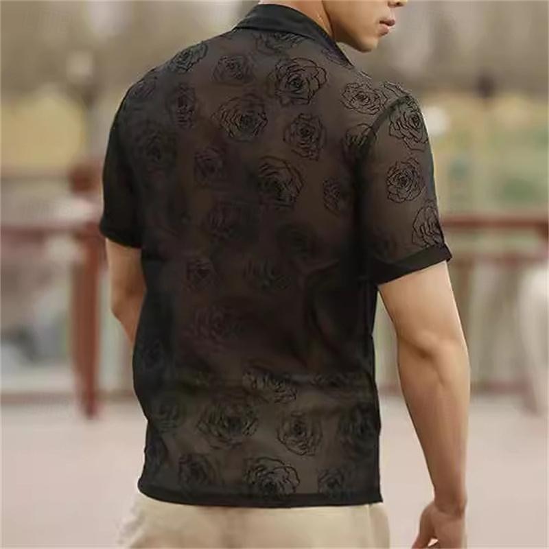 Men's Shirt Summer Shirt Mesh Shirt Sheer Shirt Sheer Blouse Black Short Sleeve Rose Plain Turndown Vacation Hawaiian Mesh Clothing Apparel Polyester Fashion Casual Comfortable4