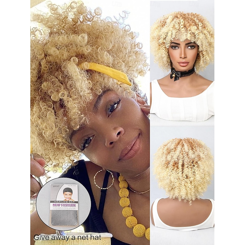 Synthetic Wig Water Wave Bob Neat Bang Wig 12 inch Light golden Synthetic Hair Women's Blonde Multi-color