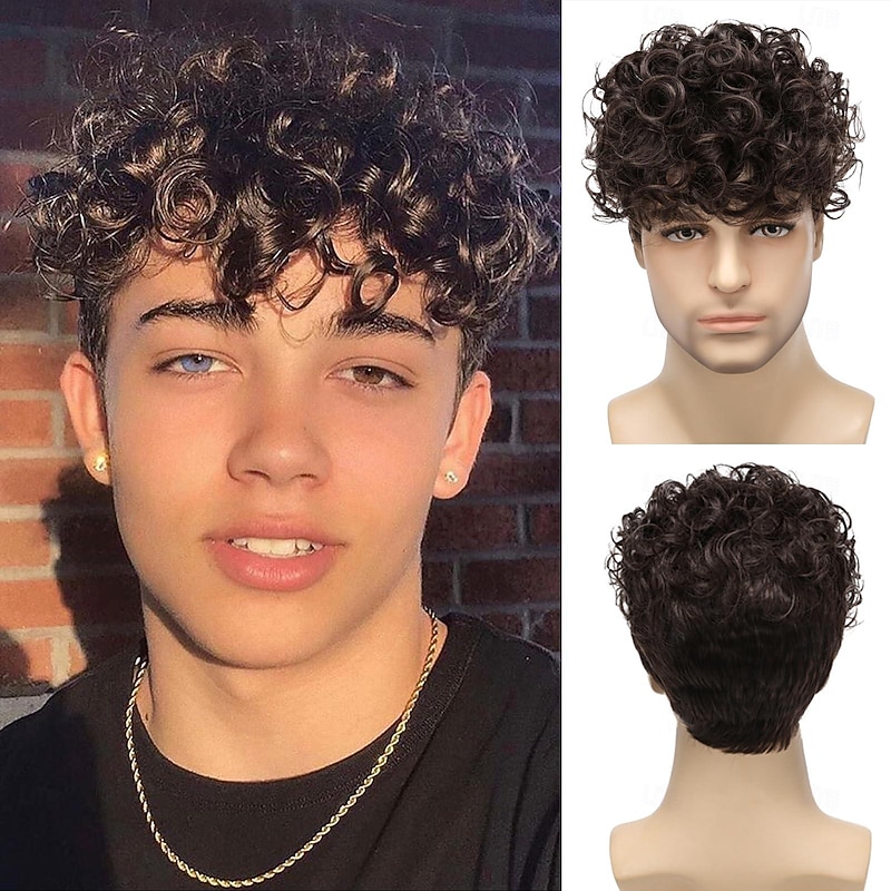 Mens Curly Wigs Dack Brown Short Wig,Synthetic Heat Resistant Costume Wig Mens Daily Cosplay Party Halloween