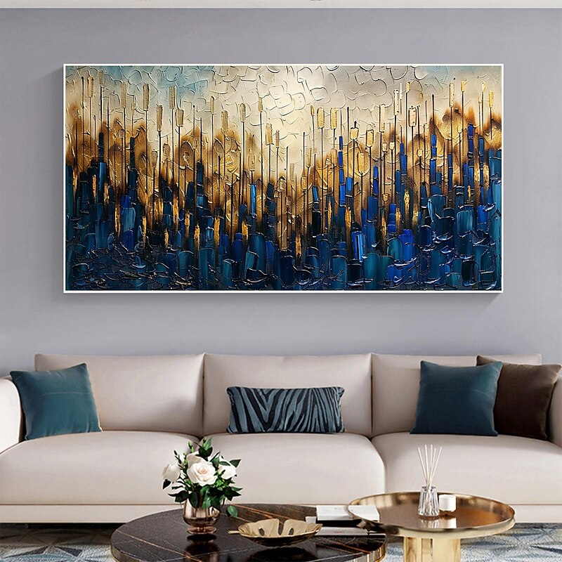 Handmade Original Blue Thick texture Oil Painting On Canvas Wall Art Painting Minimalist Home Decor With Stretched FrameWithout Inner Frame Painting