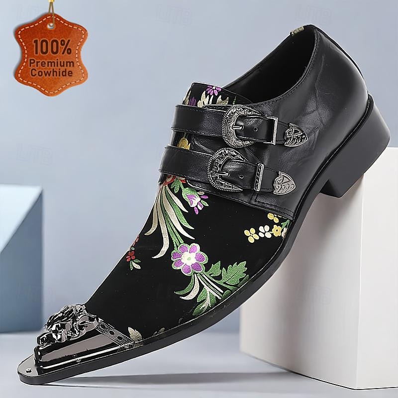 Men's Punk Style Floral Embroidered Buckle Monk Strap Dress Shoes with Metal Toe Cap - Premium Cowhide Leather, Ideal for Formal Events