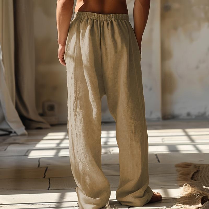 Men's Grid / Plaid Geometric Pattern Linen Pants Baggy Pants Mid Waist Vintage Ethnic Style Casual Outdoor Streetwear Elastic Waist Spring &  Fall Fall & Winter Green Khaki2