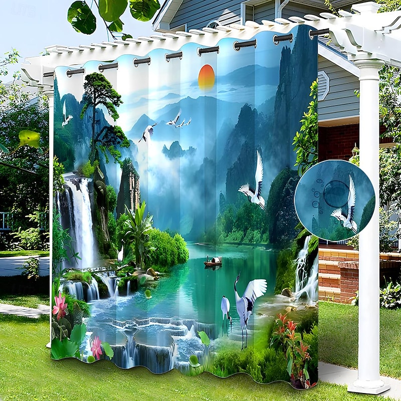 Waterproof Outdoor Curtain Privacy, Sliding Patio Curtain Drapes, Pergola Curtains Grommet 3D Chinese Painting for Gazebo, Balcony, Porch, Party, 1 Panel4