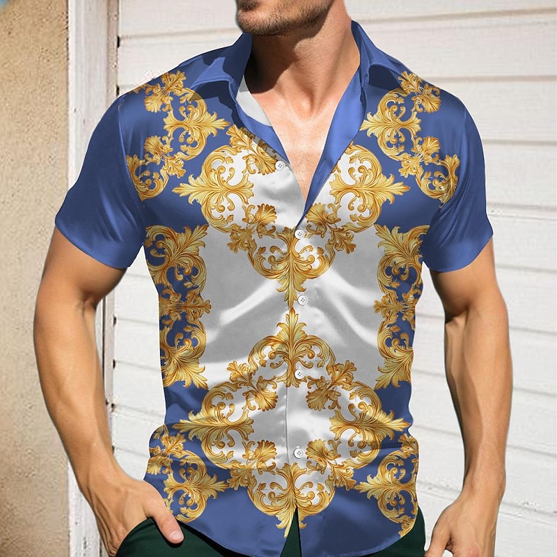 Men's Pattern Shirt Button Up Shirt Short Sleeve Casual Holiday Summer Spring Turndown Print Blue Purple Green Drak Red4