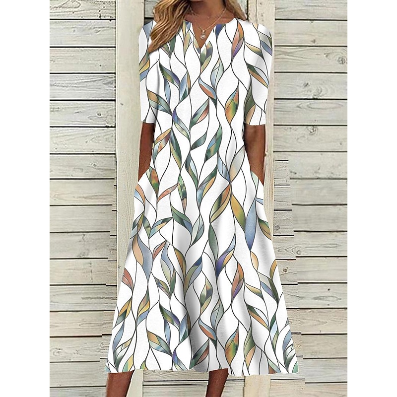 Women's Midi Dress Casual Dress Shift Dress Leaf Print Print V Neck Classic Casual Daily Vacation Half Sleeve Summer Spring