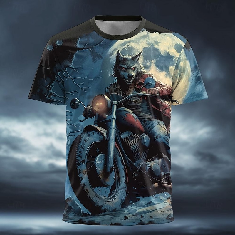 Men's Wolf Motorcycle T Shirt Short Sleeve T shirt 3D Print Crew Neck Shirt Designer Gothic Party Street Casual Black Summer Spring Clothing Apparel S M L XL XXL XXXL - Main Image