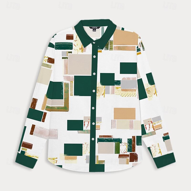Men's Button Up Shirt Long Sleeve Artistic Casual Daily Summer Fold-over Collar Green4