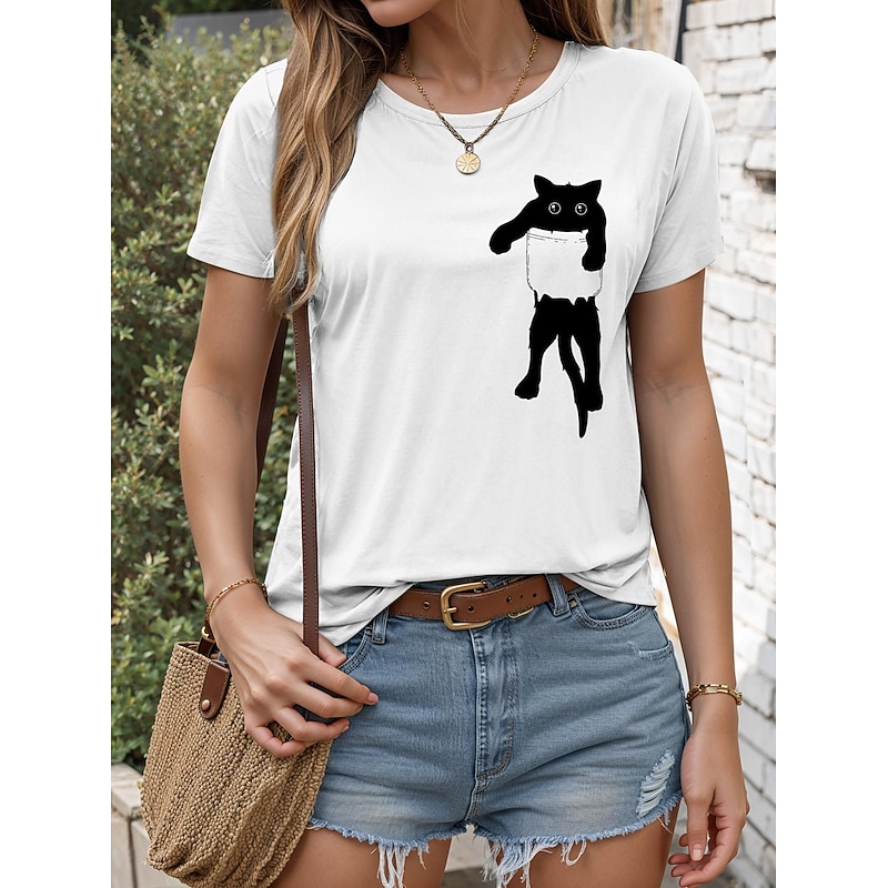 Women's T Shirt Cat Casual Short Sleeve Crew Neck Regular Tops Daily Print White Summer