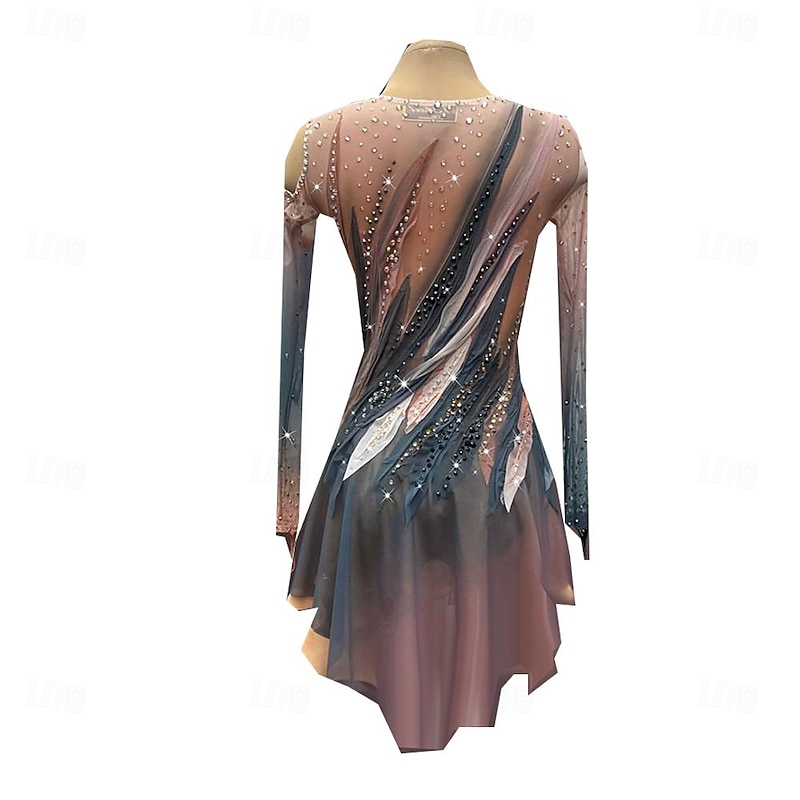Figure Skating Dress Women's Girls' Ice Skating Dress Coffee Thumbhole Halo Dyeing High Elasticity Professional Competition Skating Wear Thermal Warm Crystal / Rhinestone Long Sleeve Ice Skating3