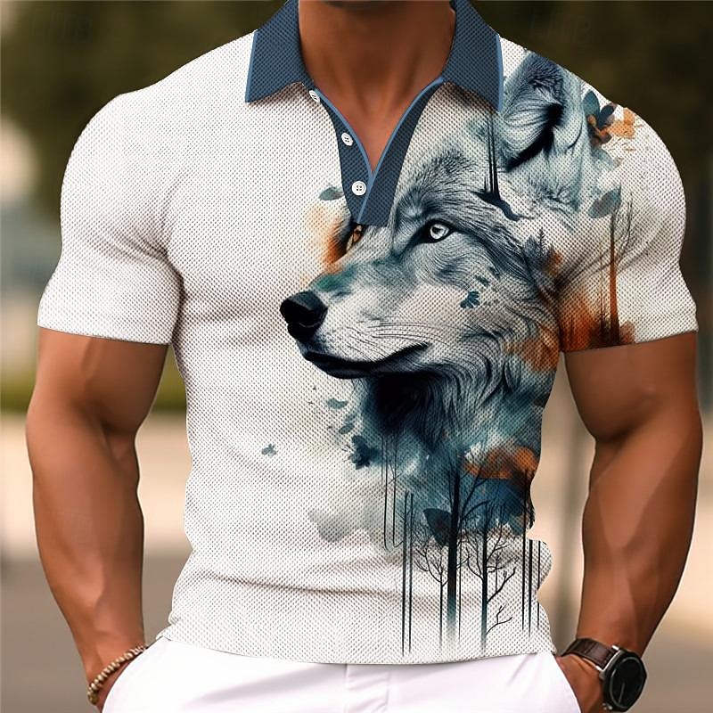 Men's Wolf Golf Shirt Short Sleeve Polo Shirts Collared Shirts Funny Streetwear Vacation Wear Party Outfits Buttons 3D Print Summer Spring Black Red Navy Blue