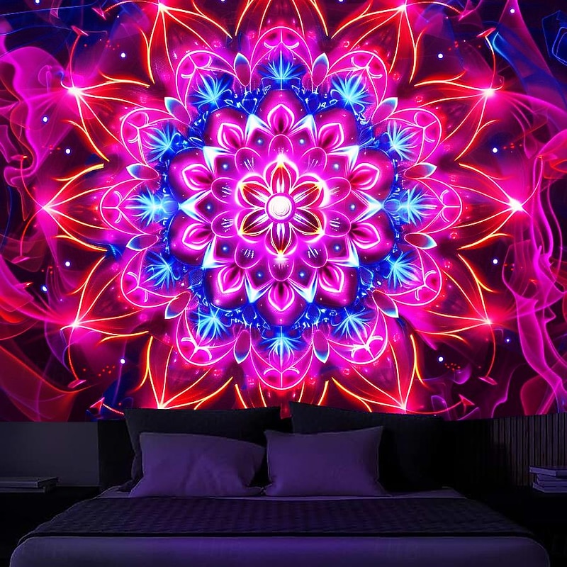 Mandala Bohemian Blacklight Tapestry UV Reactive Glow in the Dark Glow Party Trippy Zen Meditation Misty Nature Hanging Tapestry Wall Art Mural for Living Room Bedroom - Main Image