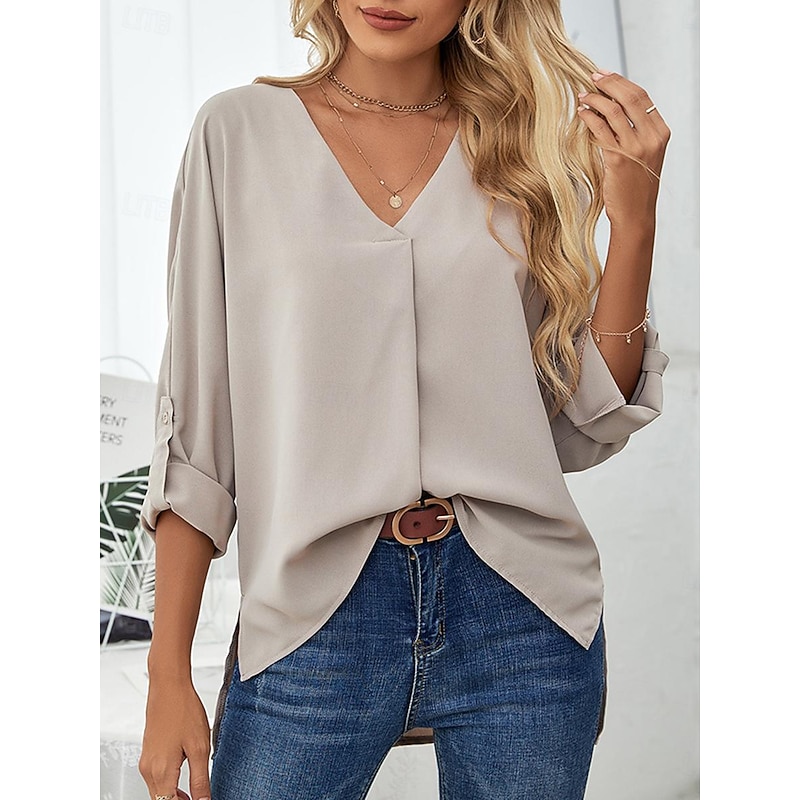 Women's Shirt Dressy Tops Elegant 3/4 Length Sleeve V Neck Ruched Black White Dusty Rose Khaki Spring & Summer3