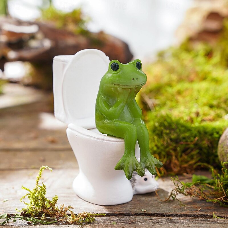 Adorable Green Frog on Toilet Resin Figurine - Decorative Garden, Balcony, and Micro Landscape Accessory for Potted Plants2