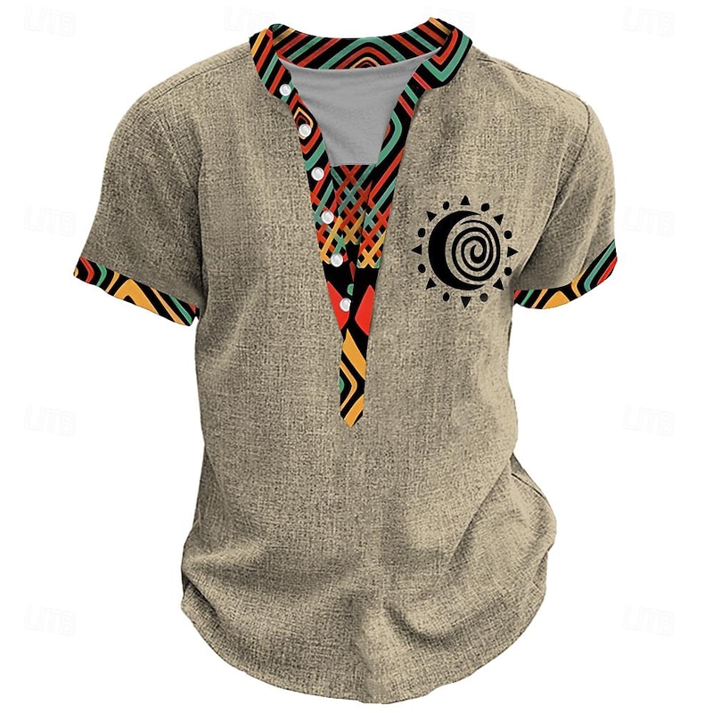 Men's Tribal Bandana Print T Shirt Henley Shirt Short Sleeve 3D Print Designer Ethnic Vacation Casual Daily Summer Spring Yellow Green Khaki Henley Henley T-Shirt4